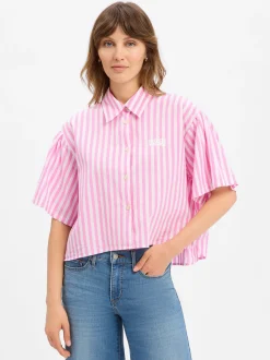 american vintage Damen Kurzarmbluse - Vextown in pink weiß
