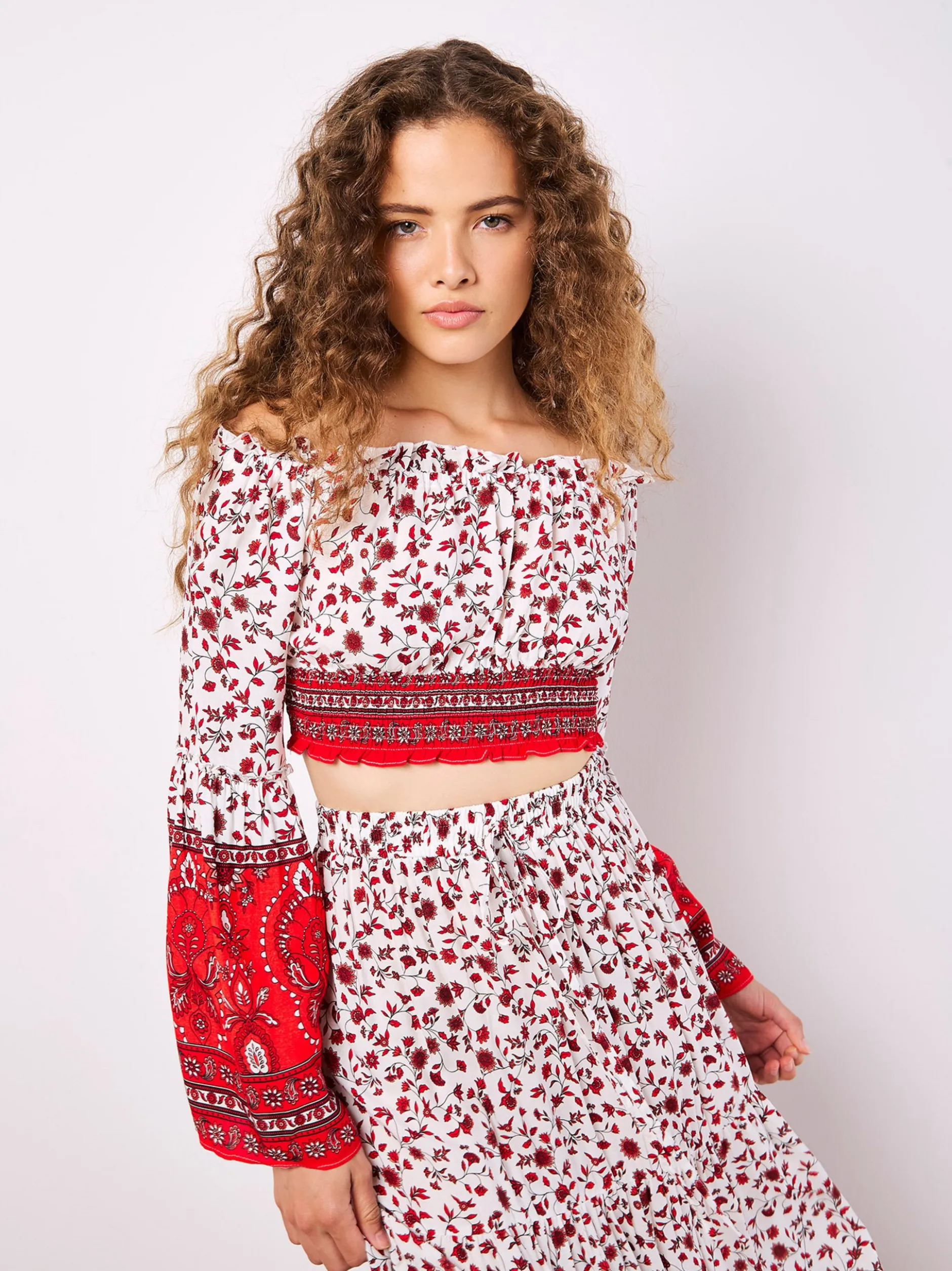 Apricot Damen Bluse in weiß rot - Ärmel: langarm