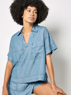 Apricot Damen Top in blau - Ausschnitt: Hemdblusenkragen