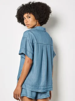 Apricot Damen Top in blau - Ausschnitt: Hemdblusenkragen