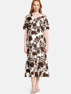 Cartoon Damen Midikleid in braun weiß