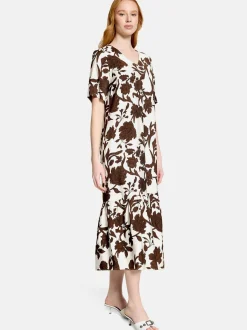 Cartoon Damen Midikleid in braun weiß