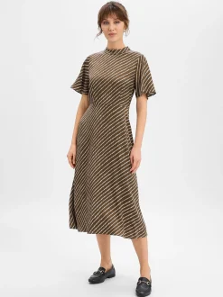 comma Damen Satinkleid in khaki weiß - Ärmel: kurzarm