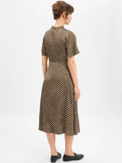 comma Damen Satinkleid in khaki weiß - Ärmel: kurzarm