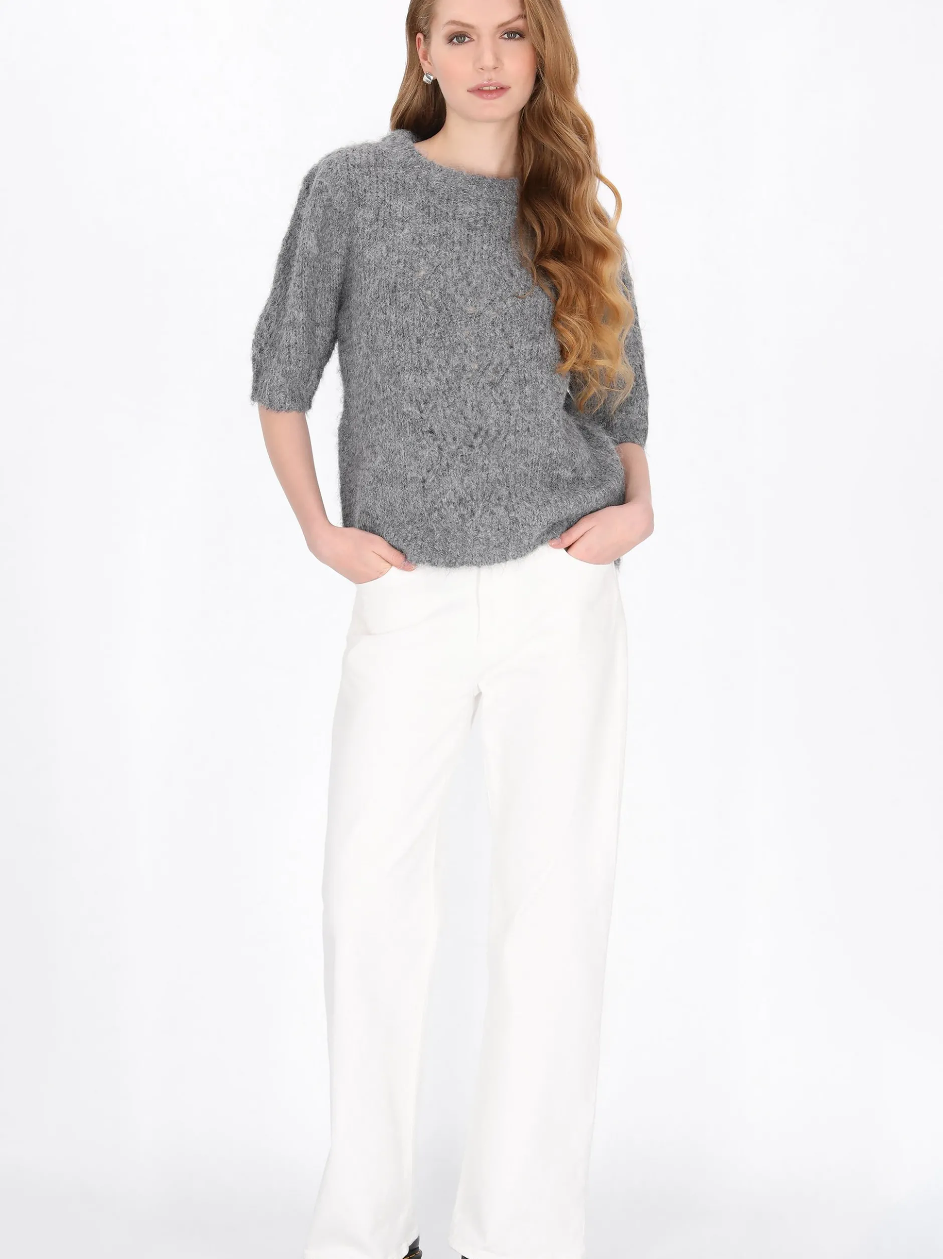 Dreimaster Damen Pullover in grau - Ausschnitt: Rundhals