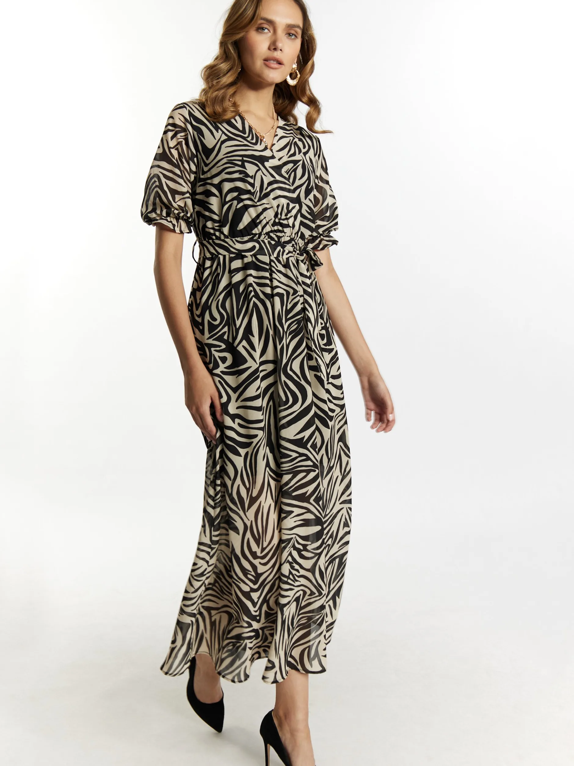 Faina Damen Kleid mit Zebra-Print in schwarz beige