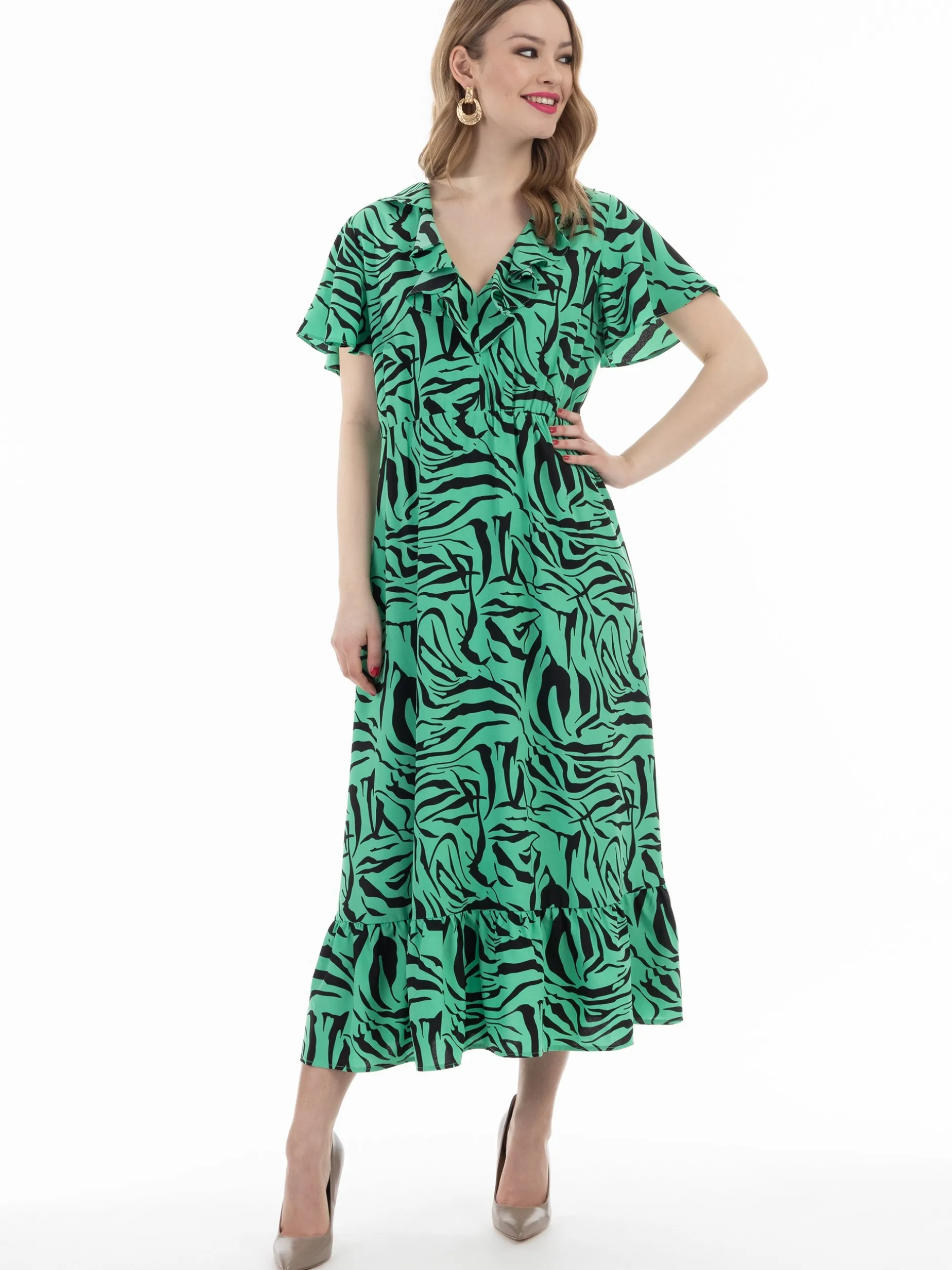 Faina Damen Kleid - Zebraprint in grün schwarz