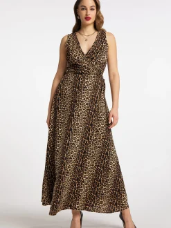 Faina Damen Maxikleid mit Leoprint in camel