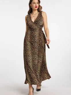Faina Damen Maxikleid mit Leoprint in camel