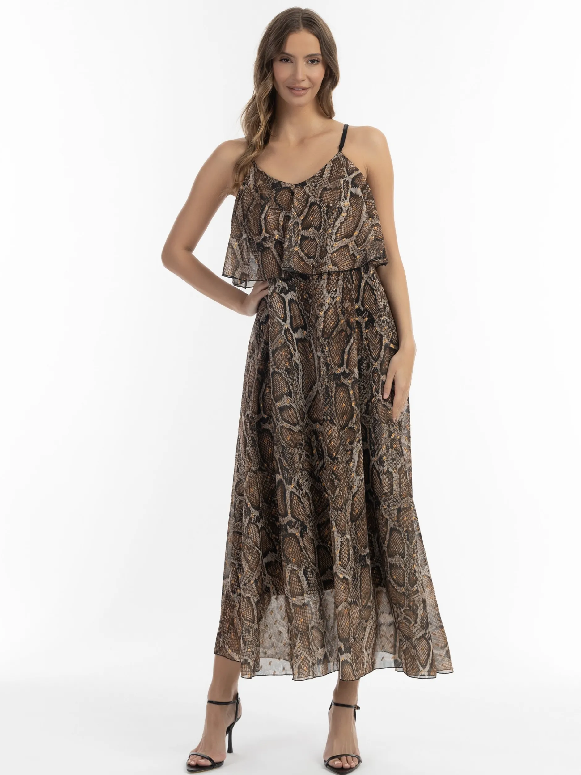 Faina Damen Maxikleid mit Schlangen-Print in camel