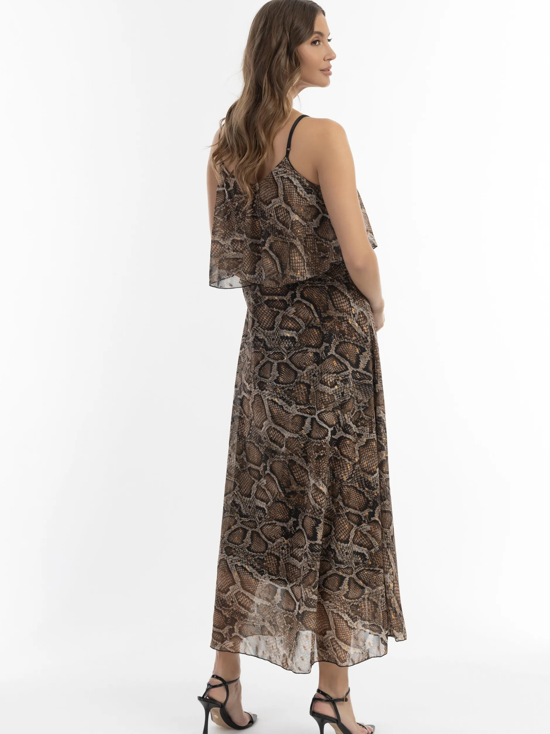 Faina Damen Maxikleid mit Schlangen-Print in camel