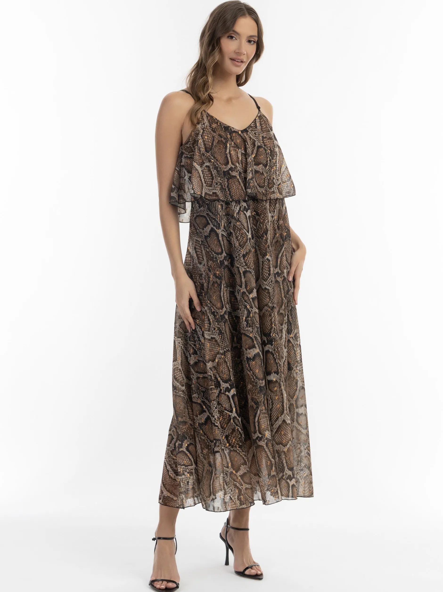 Faina Damen Maxikleid mit Schlangen-Print in camel