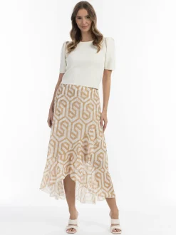 Faina Damen Midirock in beige weiß - Länge: lang