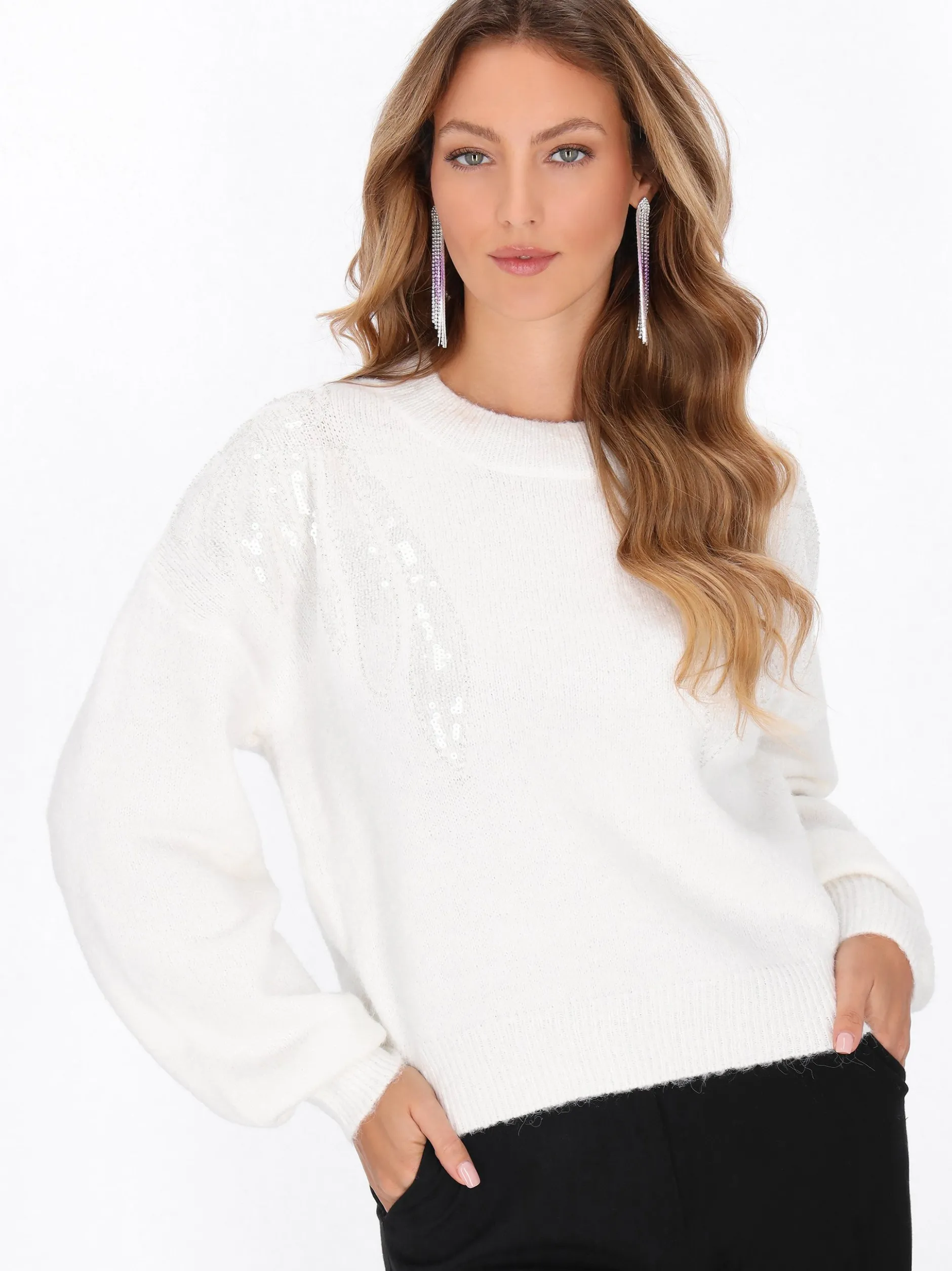 Faina Damen Pullover in weiß - Ausschnitt: Rundhals