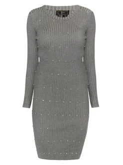 Faina Damen Rippstrickkleid mit Strasssteinen in grau