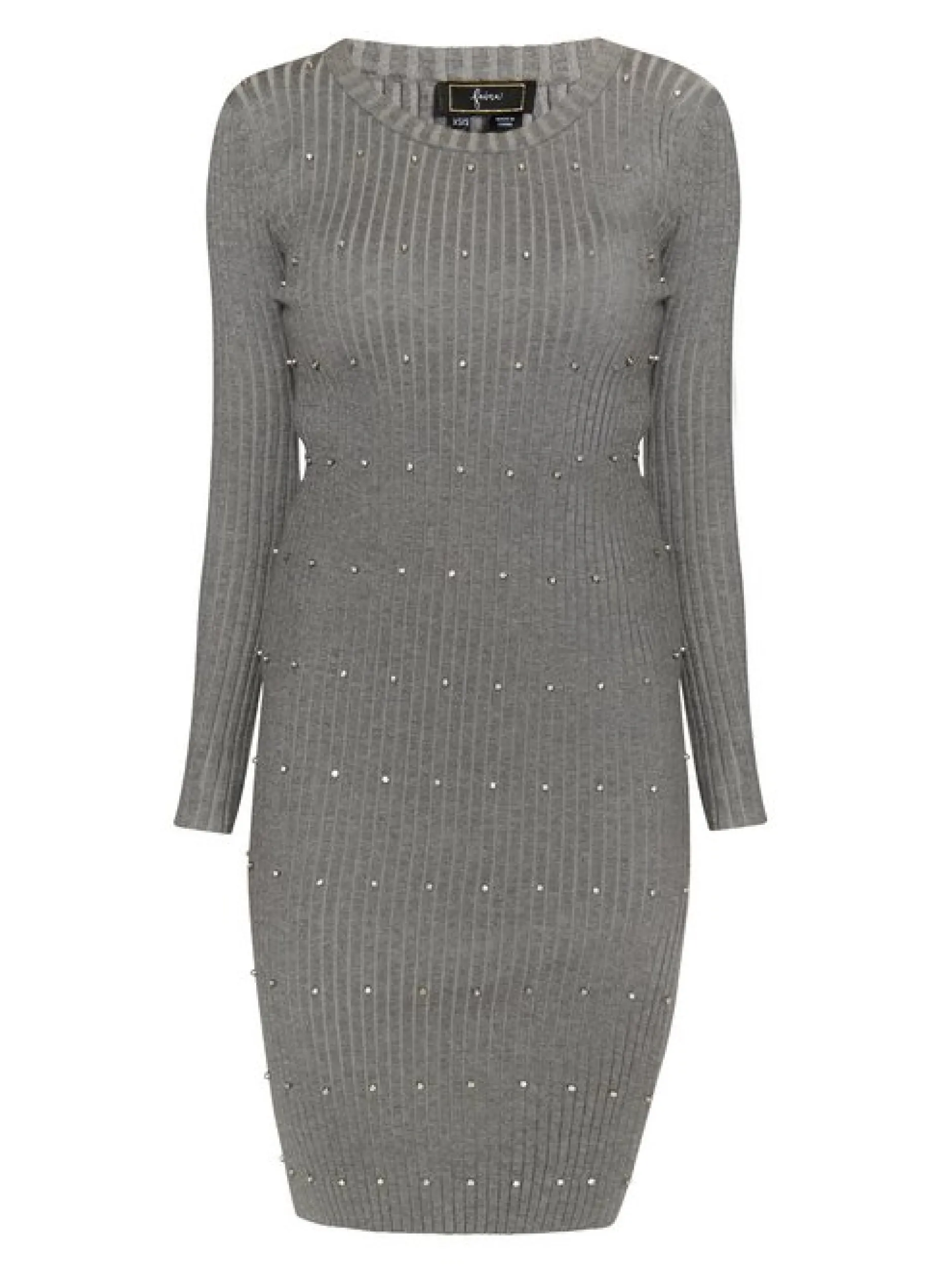 Faina Damen Rippstrickkleid mit Strasssteinen in grau