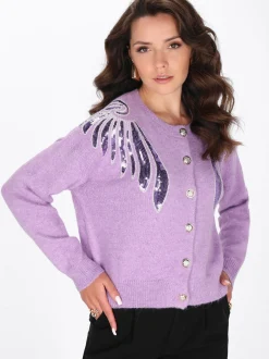 Faina Damen Strickjacke in lila - Ausschnitt: Rundhals