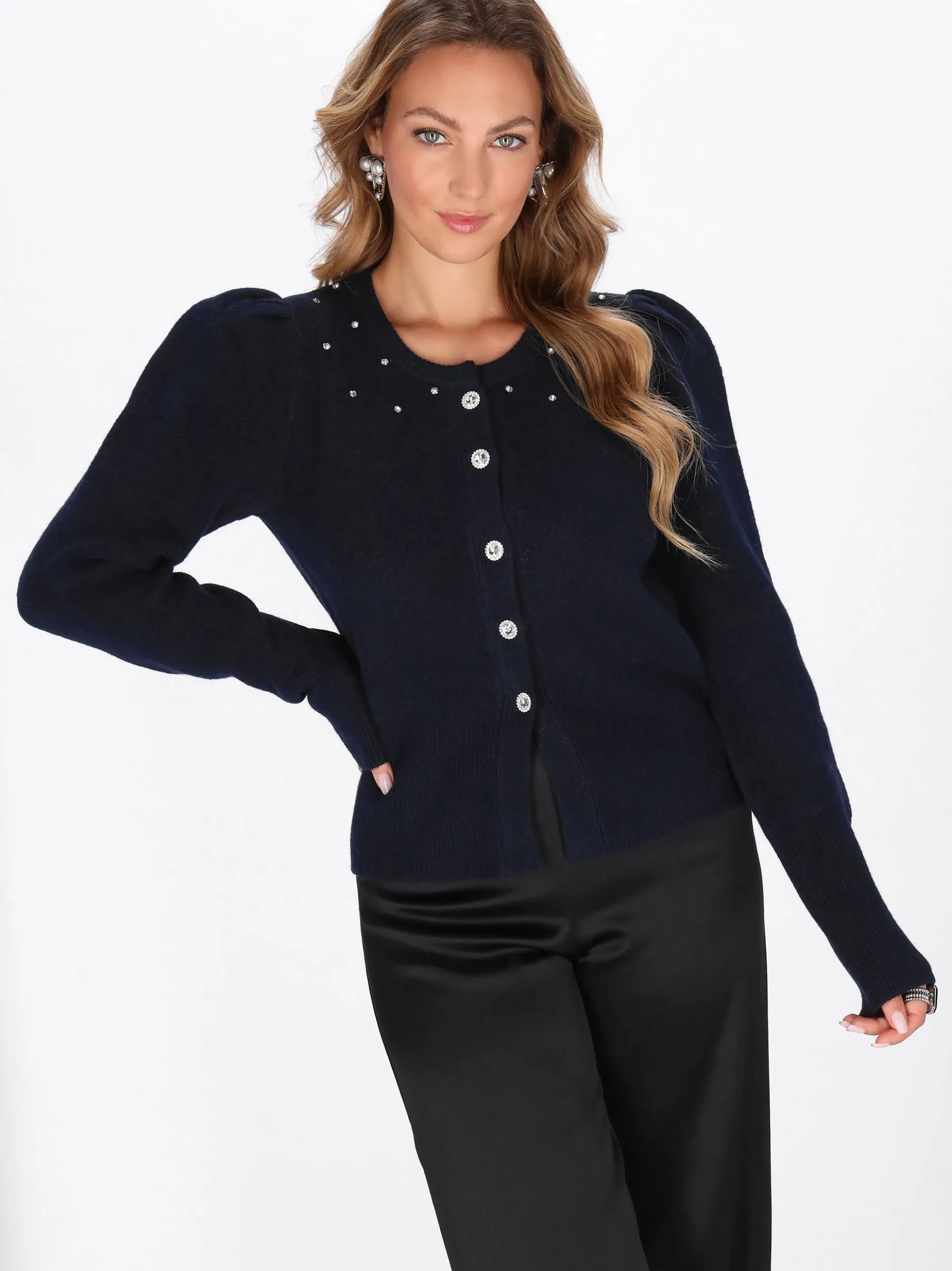 Faina Damen Strickjacke in marine - Ausschnitt: Rundhals