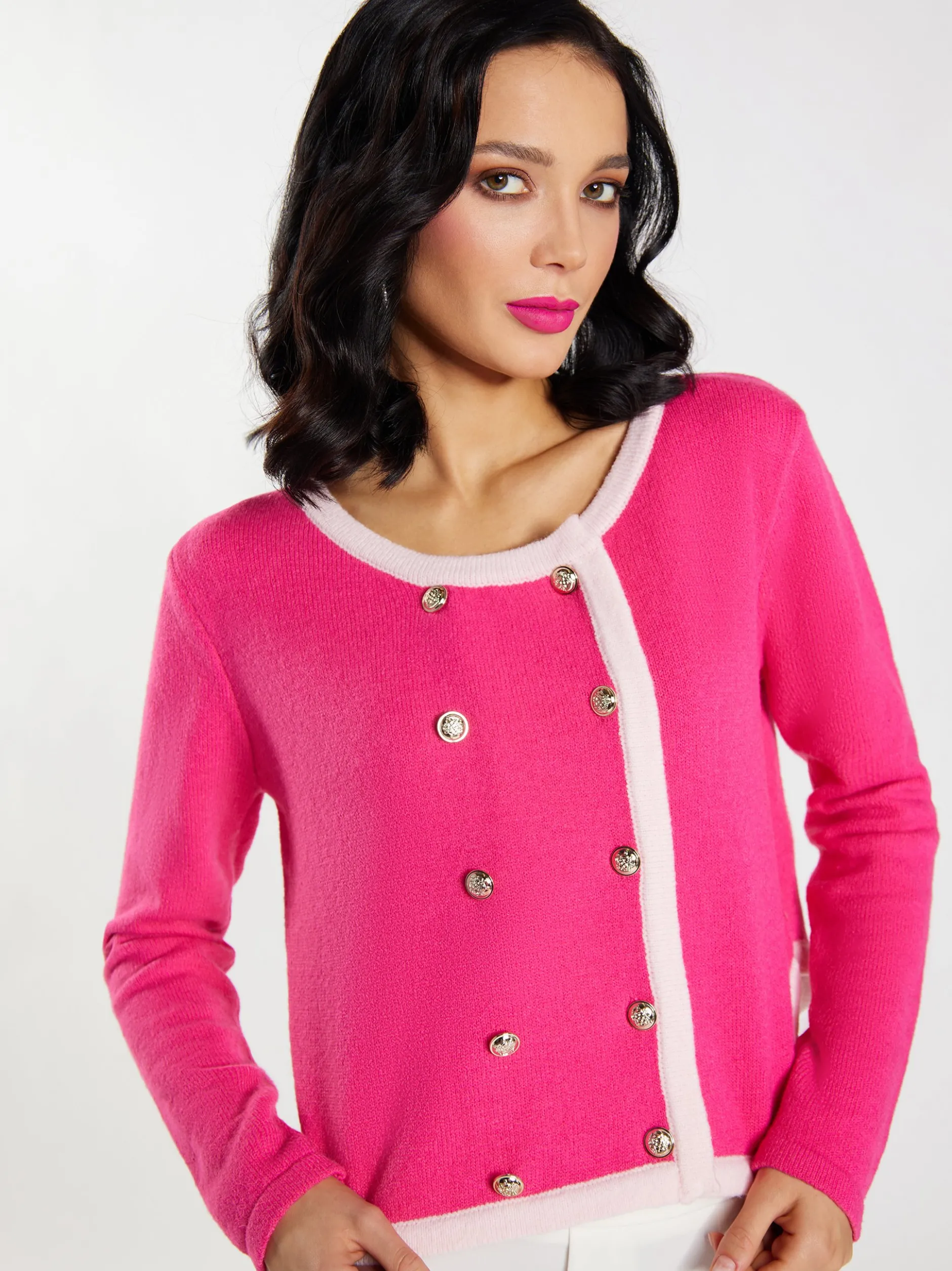 Faina Damen Strickjacke in pink - Ausschnitt: Rundhals
