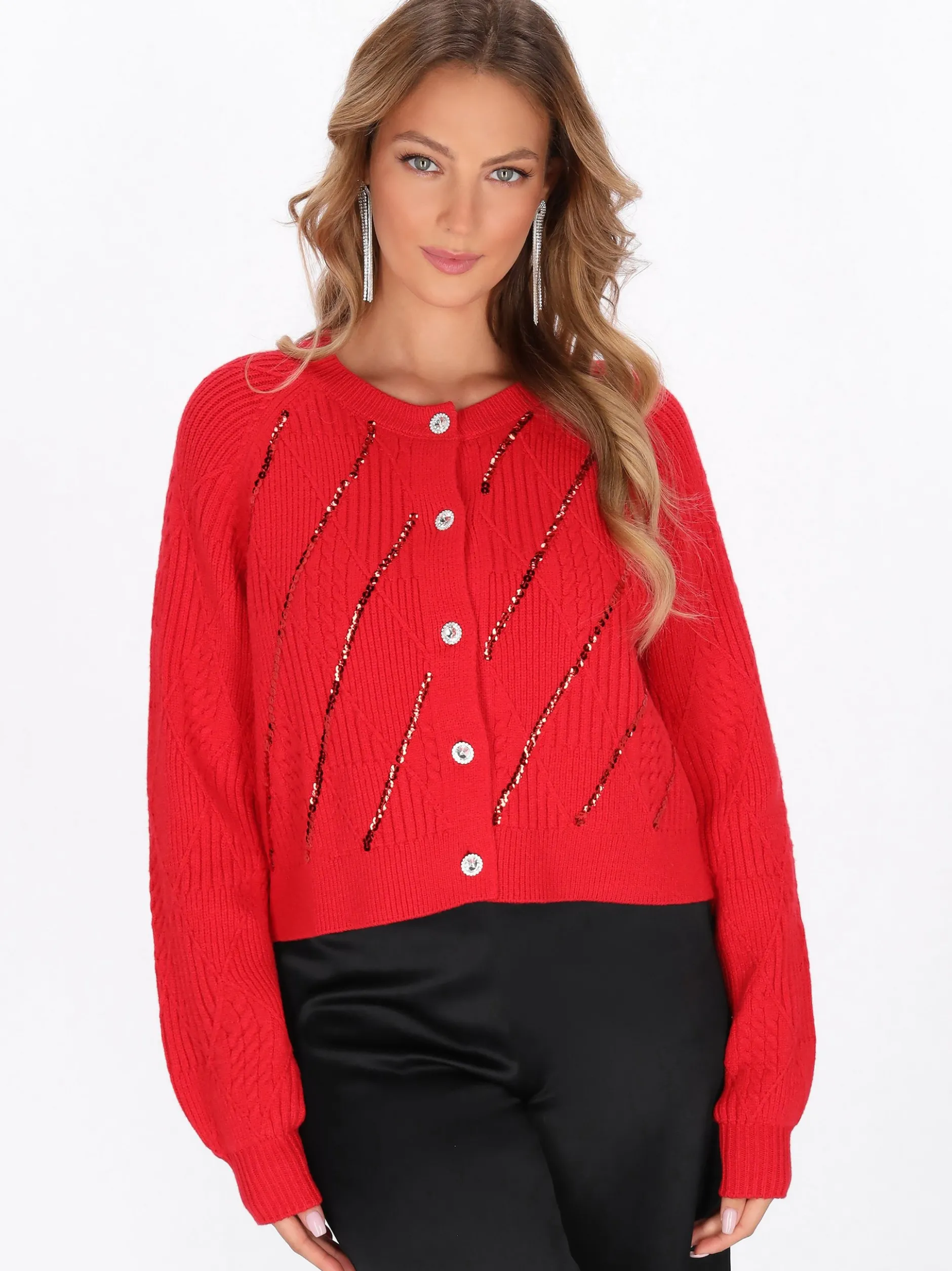Faina Damen Strickjacke in rot - Ausschnitt: Rundhals