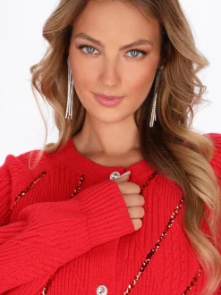 Faina Damen Strickjacke in rot - Ausschnitt: Rundhals