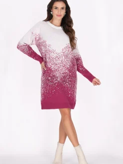 Faina Damen Strickkleid in weiß himbeer - Länge: mittel