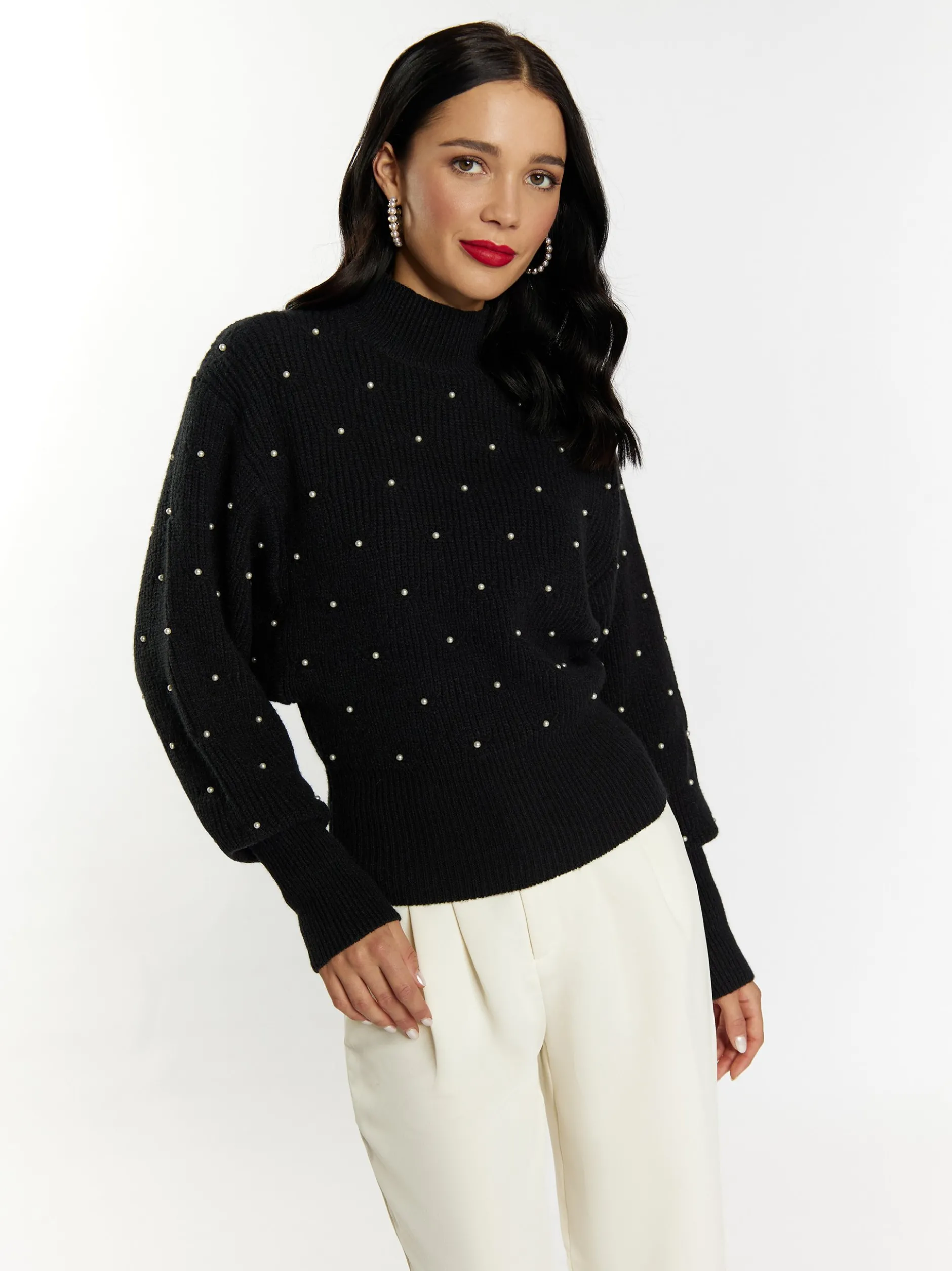 Faina Damen Strickpullover mit Perlen in schwarz