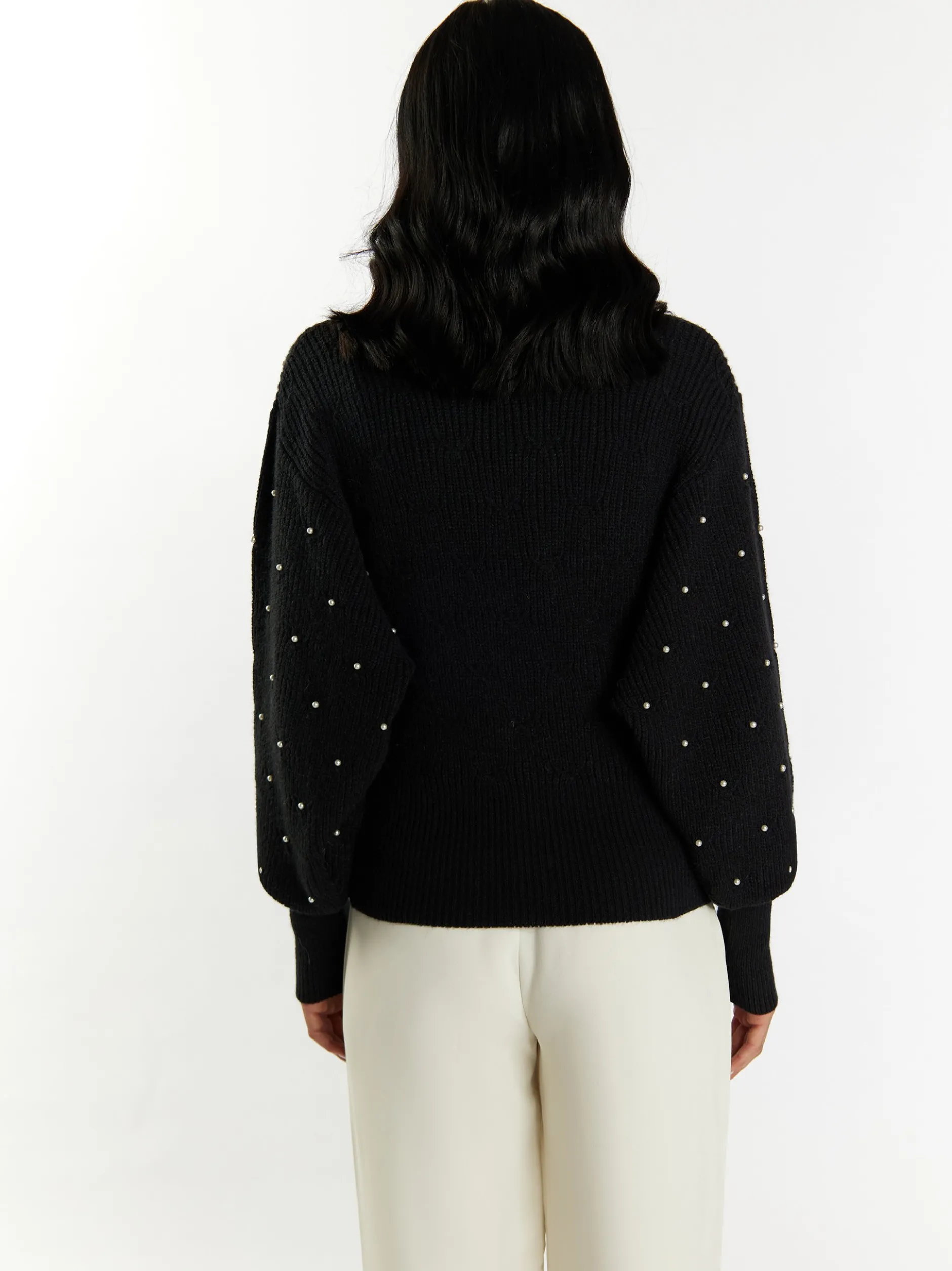 Faina Damen Strickpullover mit Perlen in schwarz