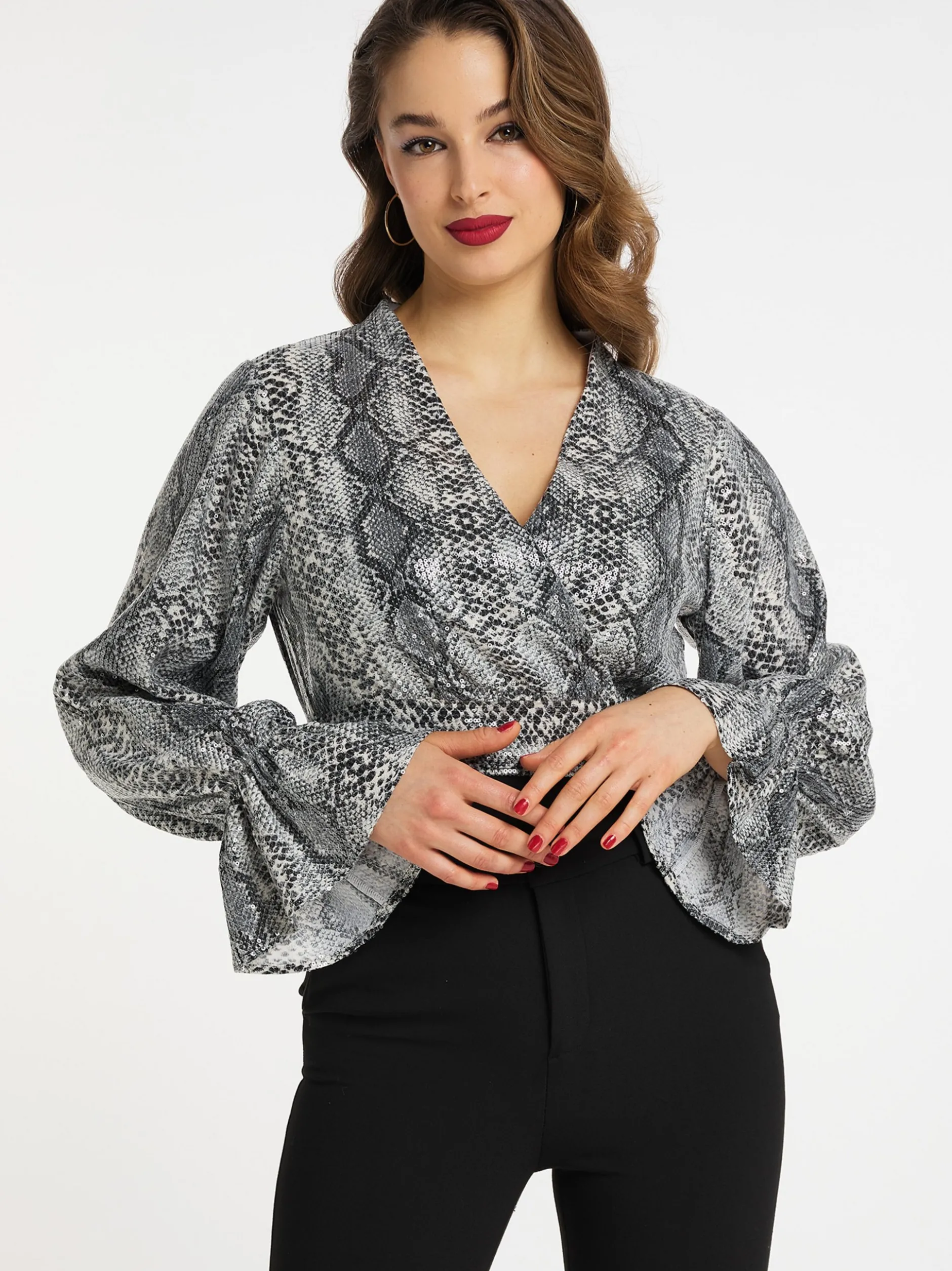 Faina Damen Wickelbluse mit Pailletten in grau