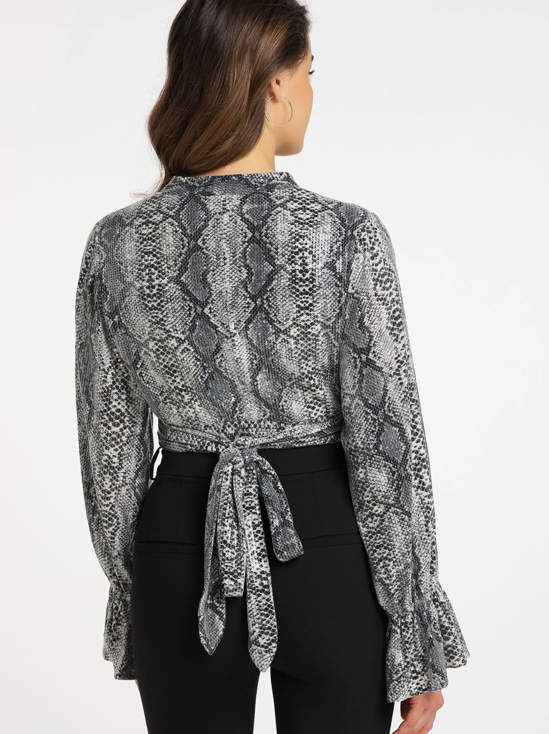 Faina Damen Wickelbluse mit Pailletten in grau