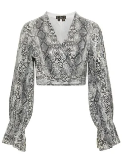 Faina Damen Wickelbluse mit Pailletten in grau