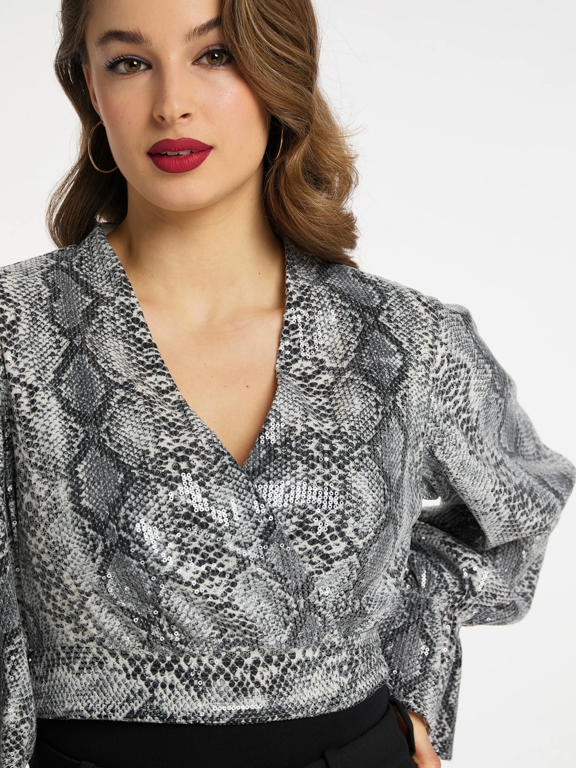 Faina Damen Wickelbluse mit Pailletten in grau