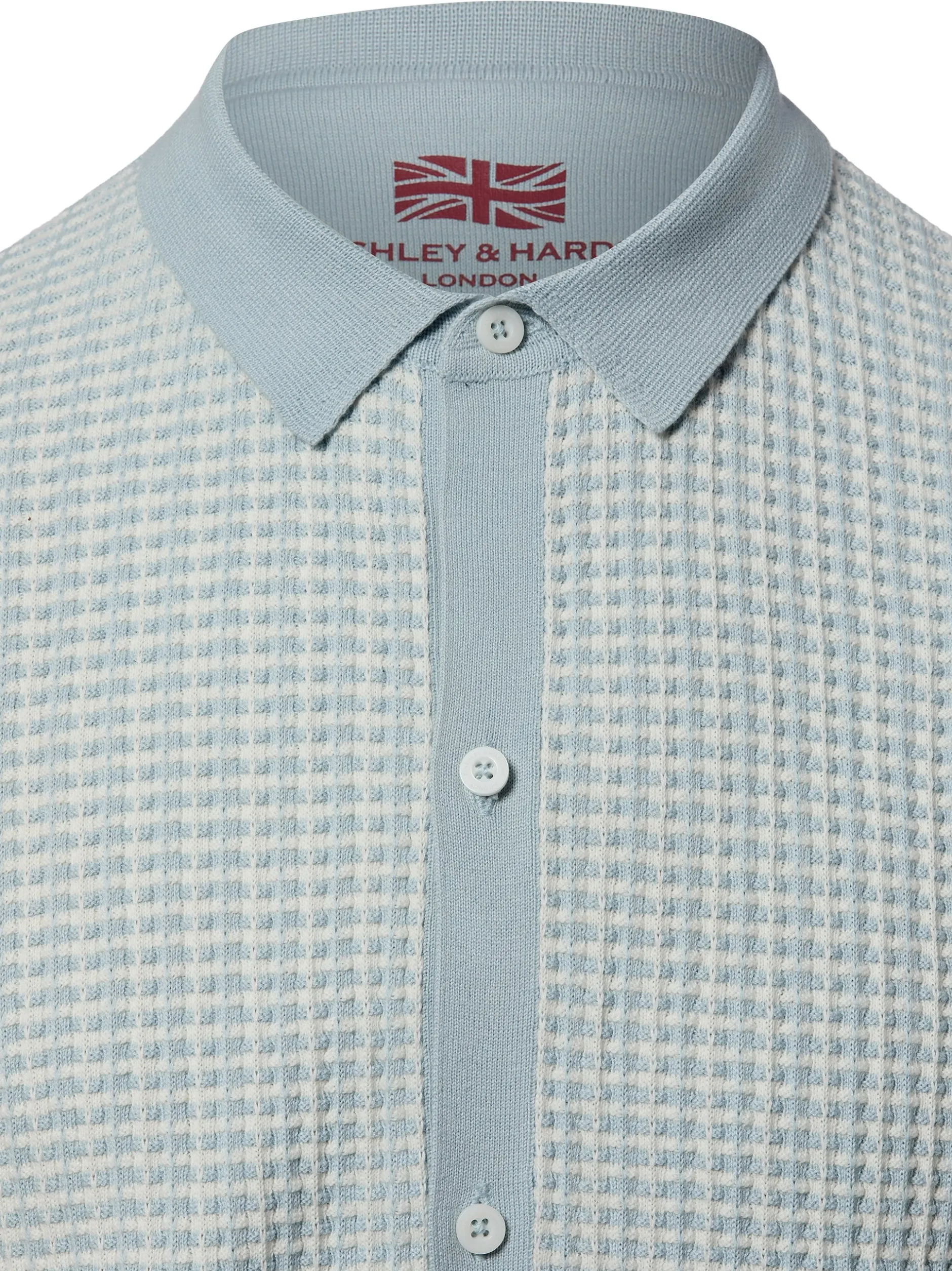 Finshley & Harding London Herren Strick-Poloshirt in hellblau weiß