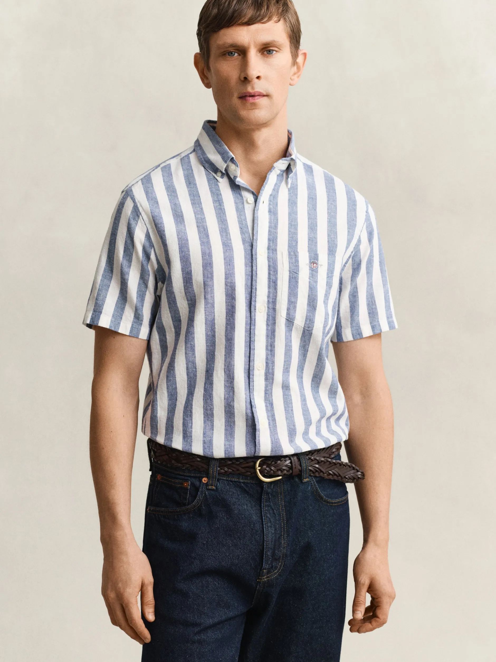Gant Herren Kurzarmhemd mit Leinen in indigo weiß