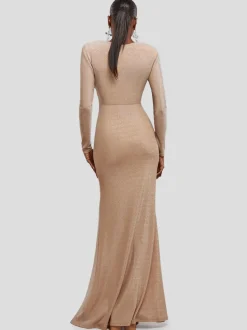 Goddiva Damen Maxi Kleid in beige - Länge: lang