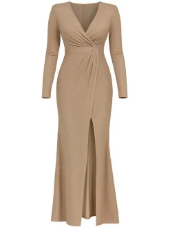 Goddiva Damen Maxi Kleid in beige - Länge: lang