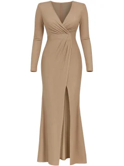 Goddiva Damen Maxi Kleid in beige - Länge: lang