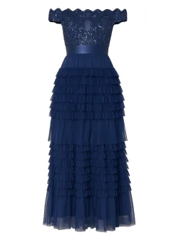 Goddiva Damen Maxi-Kleid in marine - Ausschnitt: Carmen