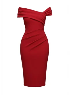 Goddiva Damen Midikleid in rot - Ausschnitt: Carmen