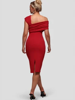 Goddiva Damen Midikleid in rot - Ausschnitt: Carmen