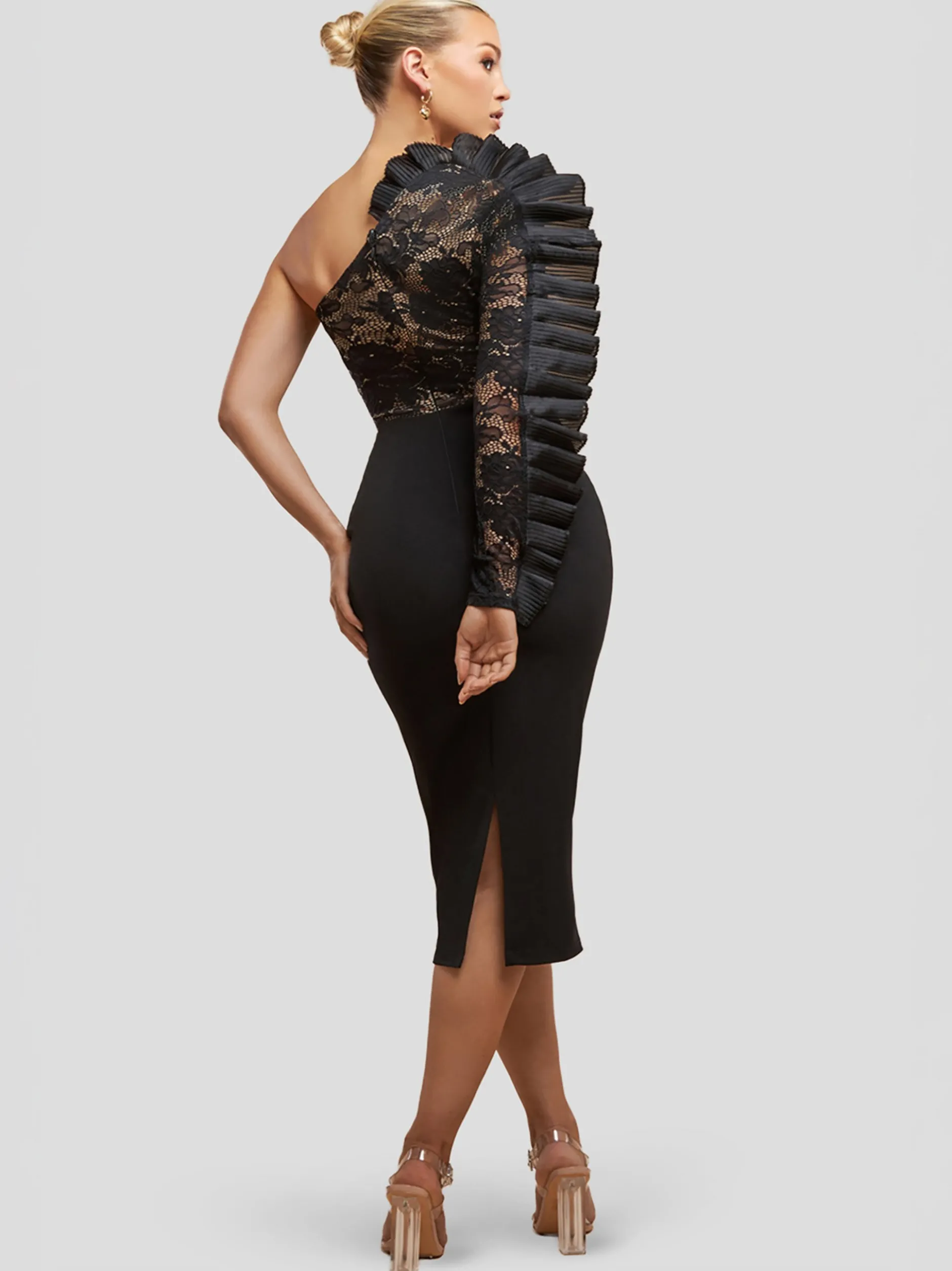Goddiva Damen Midikleid in schwarz - Ausschnitt: Carmen
