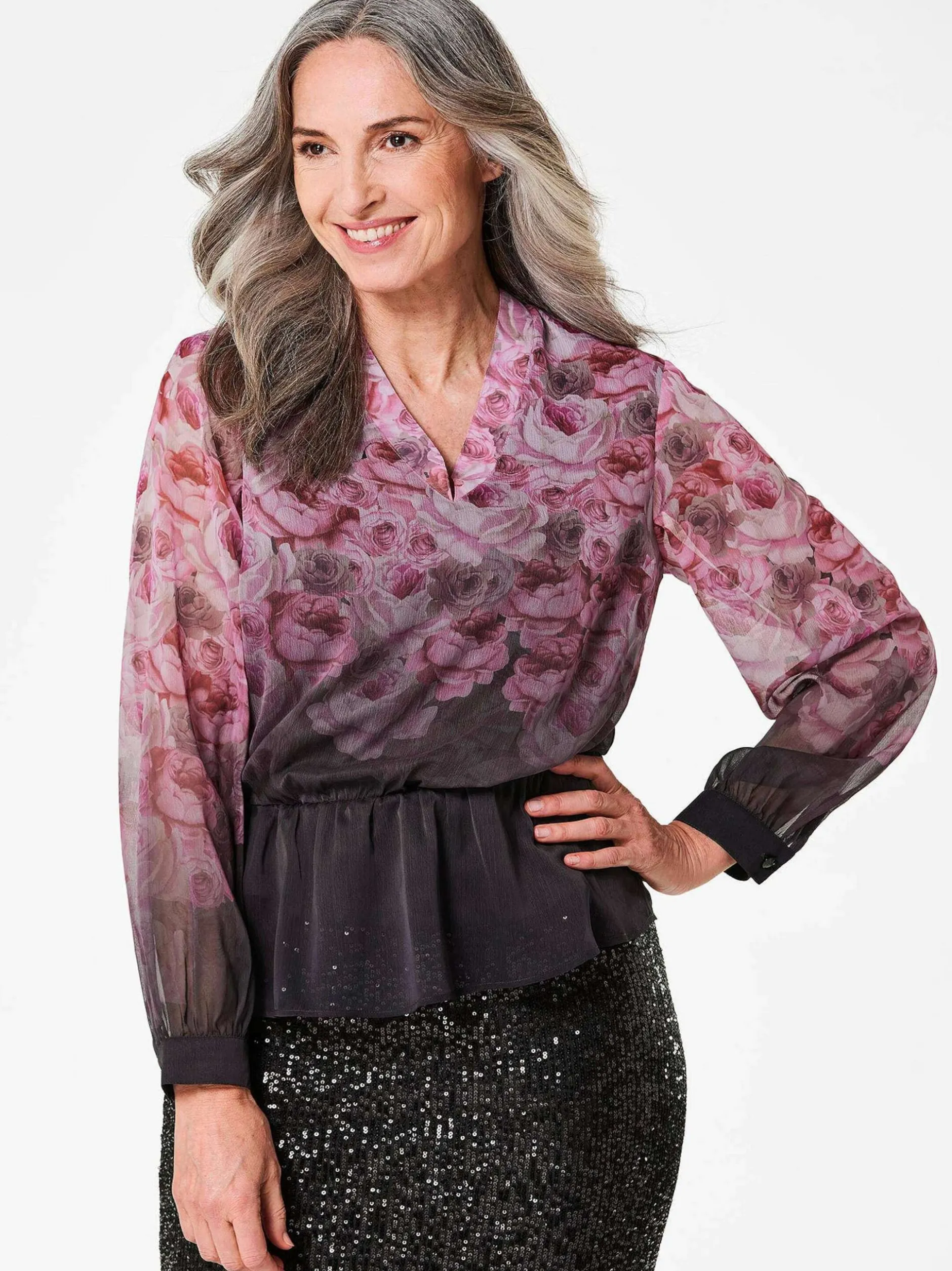 Goldner Damen Bluse - Kurzgröße in schwarz mehrfarbig