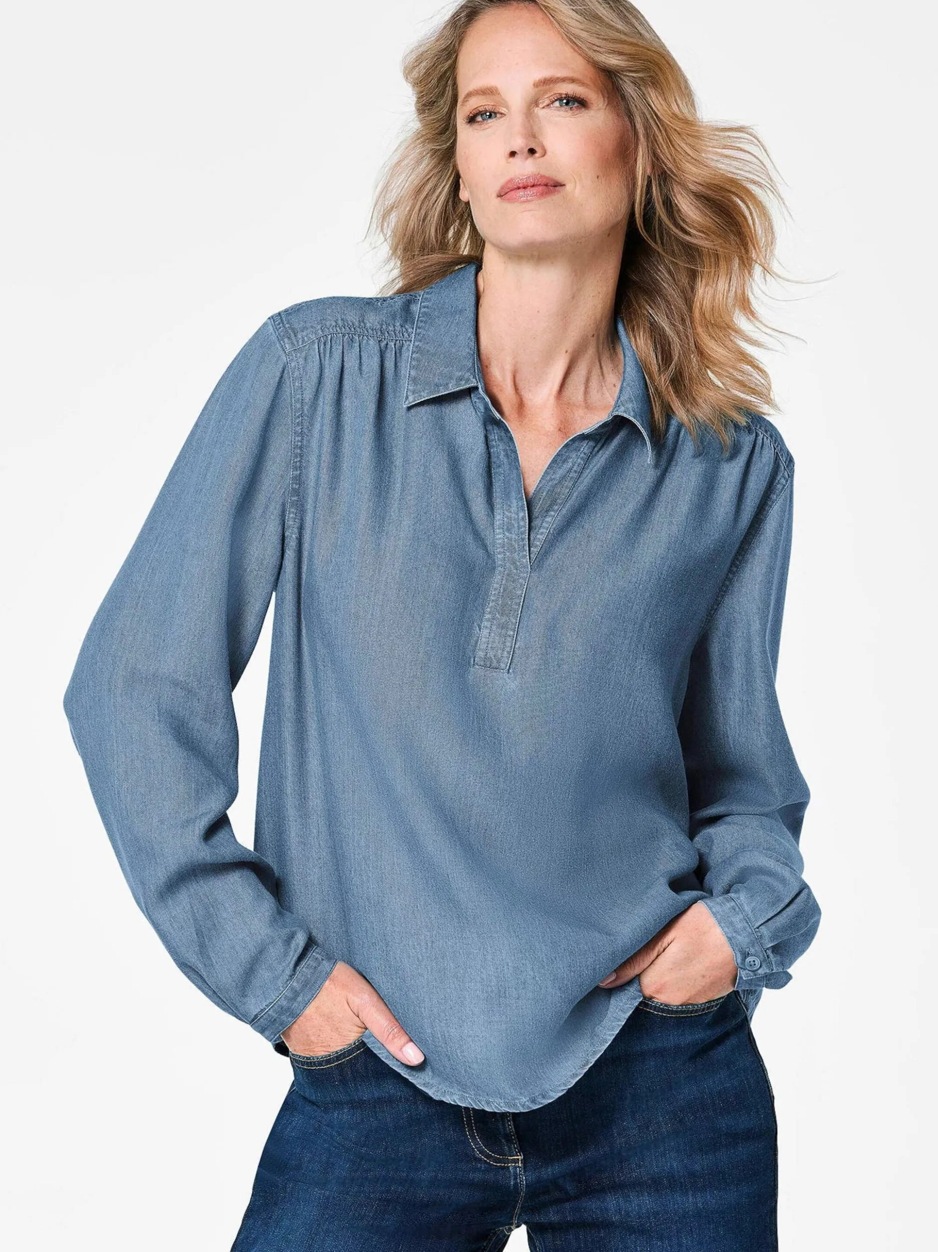 Goldner Damen Blusen in blau - Ärmel: langarm