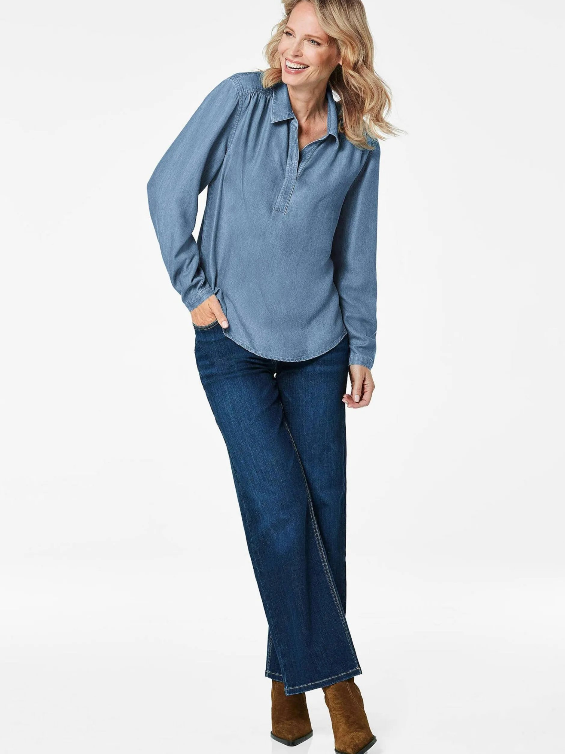 Goldner Damen Blusen - Kurzgröße in blau