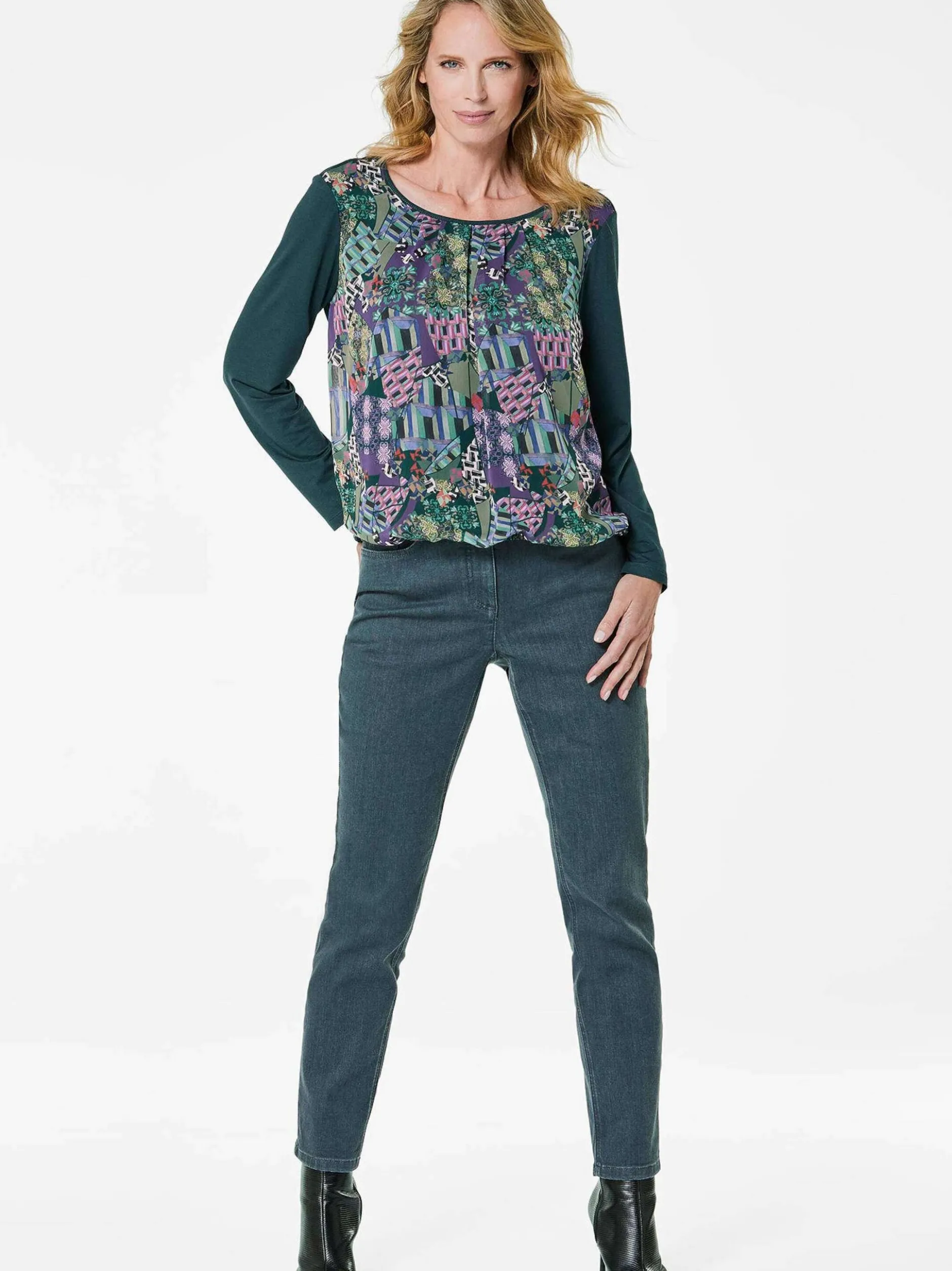 Goldner Damen Blusenshirts - Kurzgröße in grün mehrfarbig