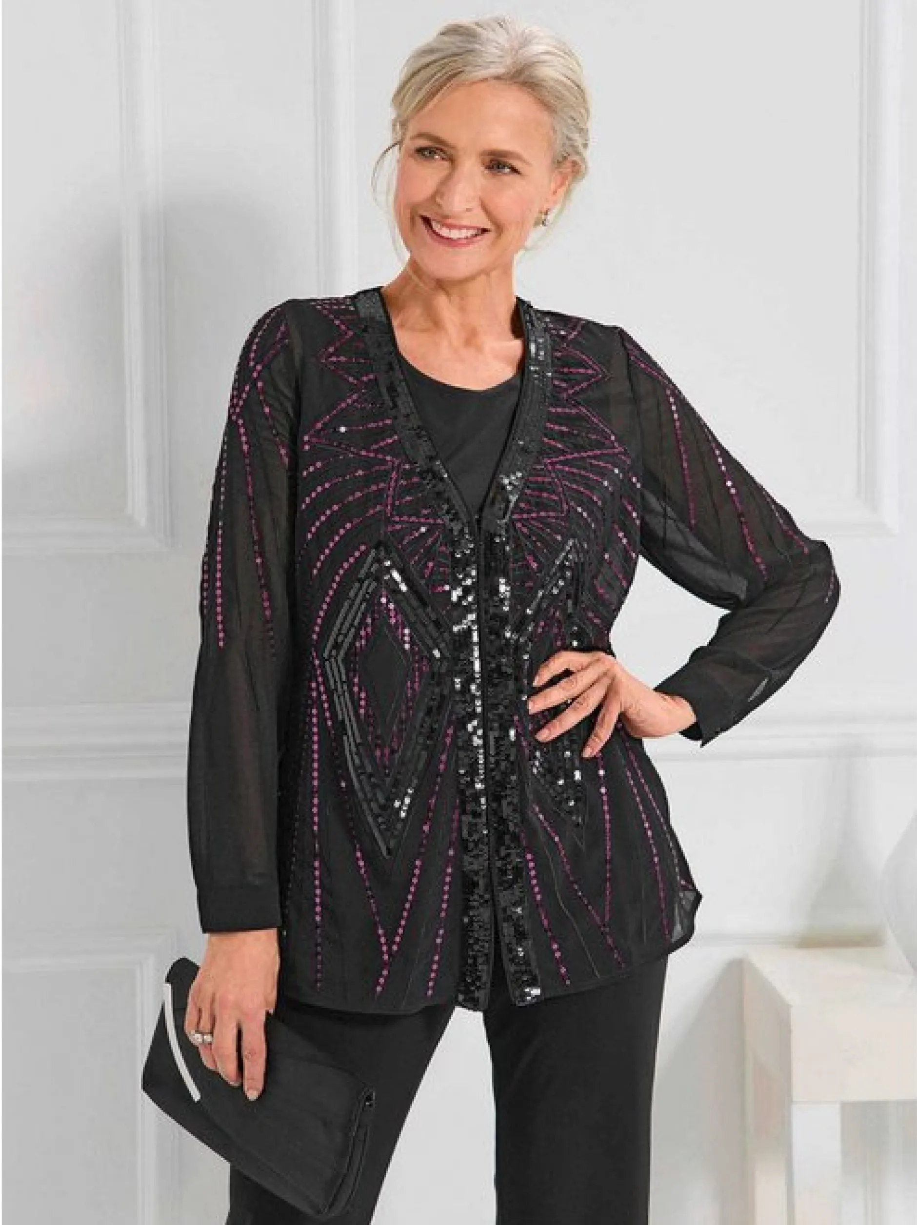 Goldner Damen Chiffon Blusen in schwarz - Ärmel: langarm