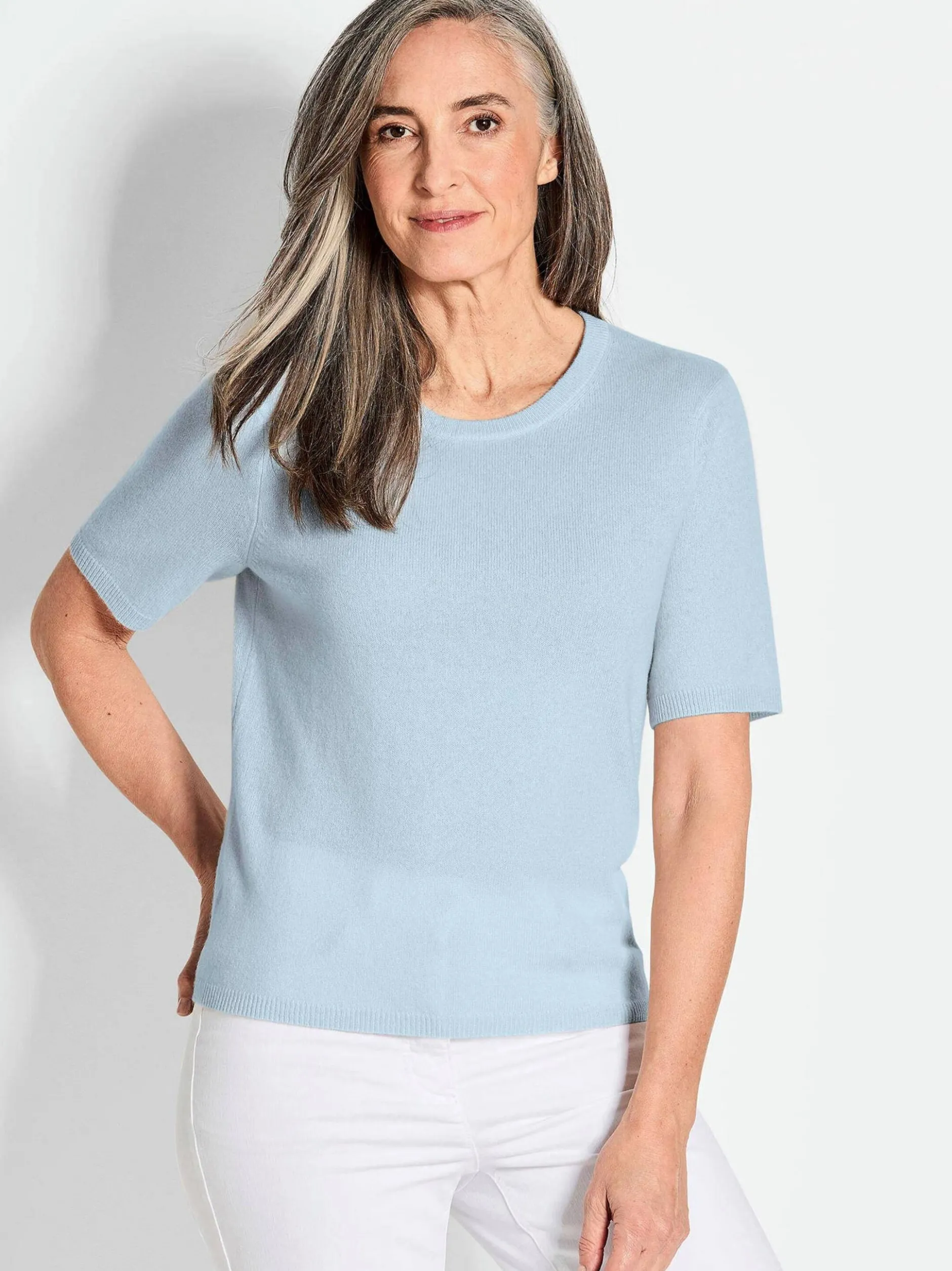 Goldner Damen Kurzarm-Pullover in hellblau