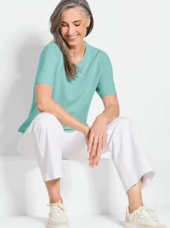 Goldner Damen Kurzarm-Pullover in aqua - Ärmel: Halbarm