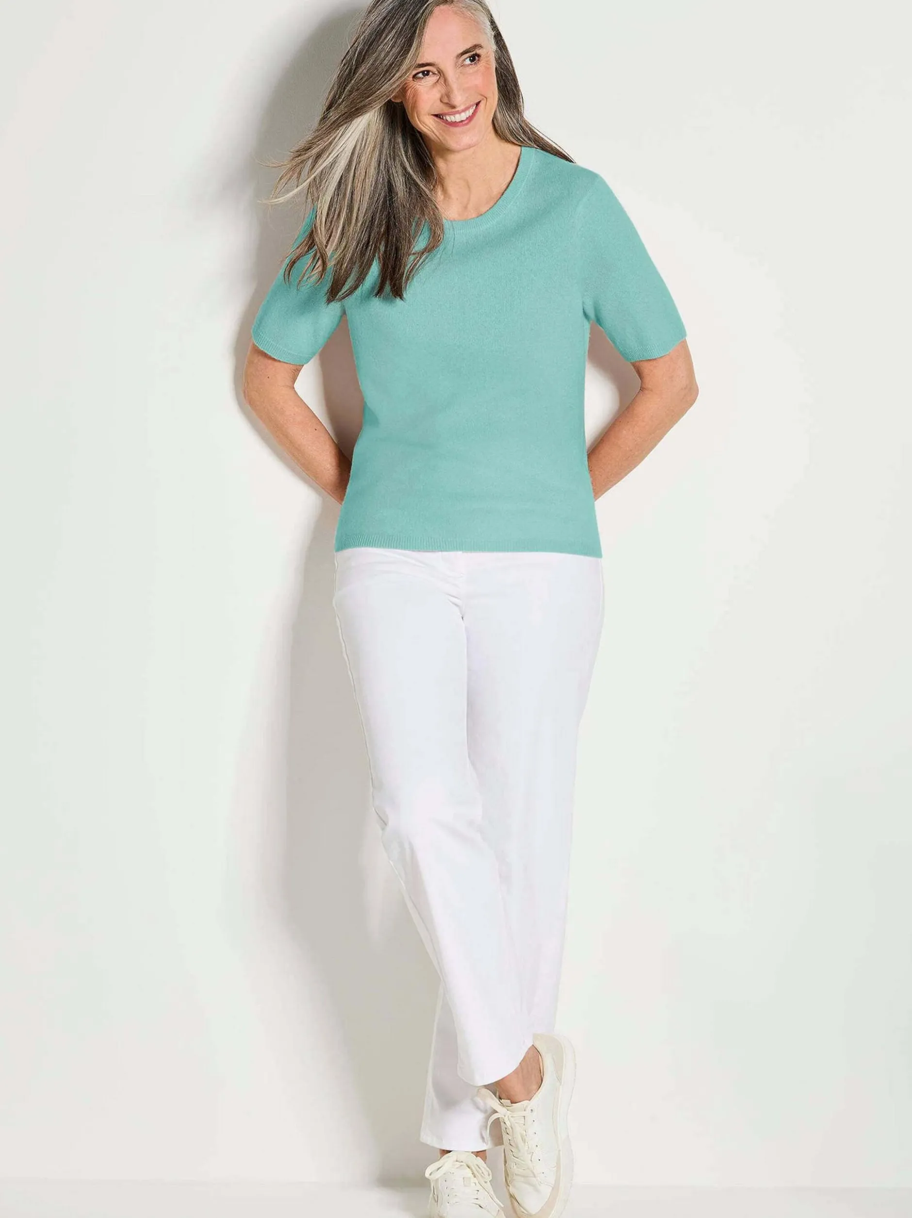 Goldner Damen Kurzarm-Pullover in aqua - Ärmel: Halbarm