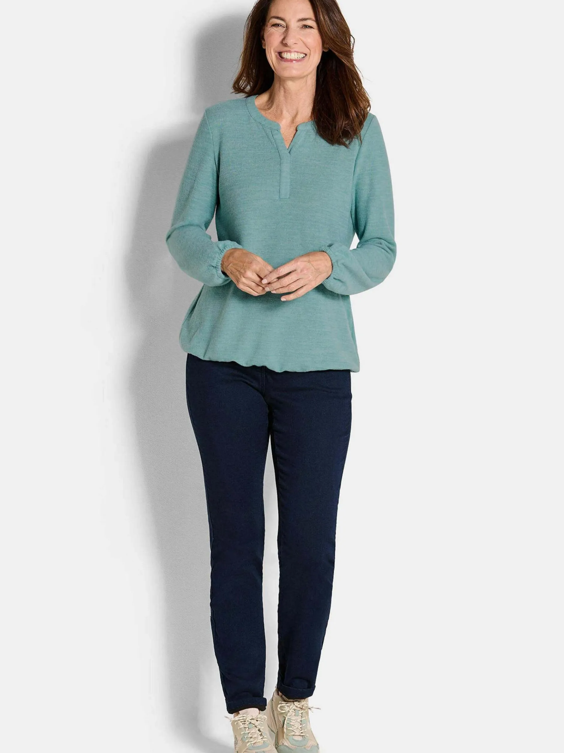 Goldner Damen Longshirts in grün - Ausschnitt: Rundhals
